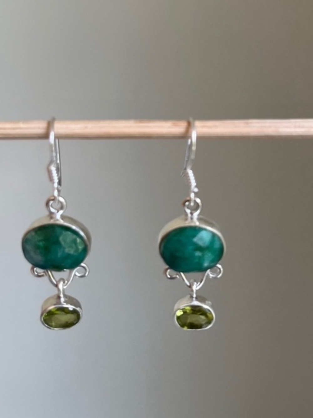 Raw Emerald and Peridot in Sterling Silver Drop Earrings